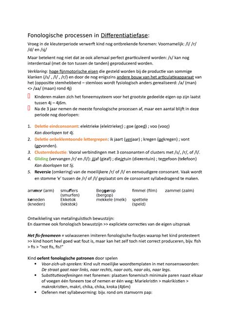 Fonologische Processen In Differentiatiefase Verklaring Hoge