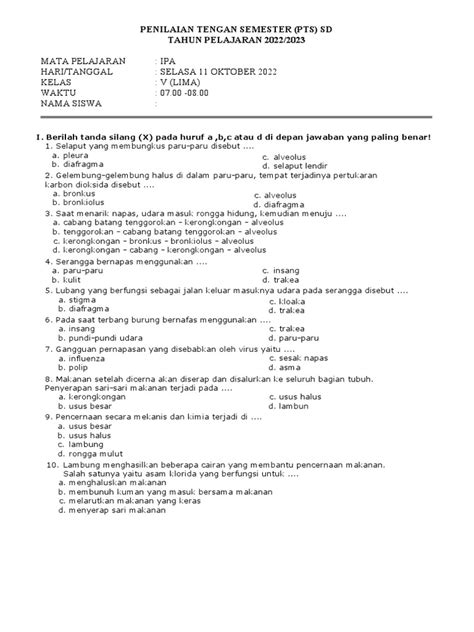 Soal Uts Ipa Kelas 5 Semester 1 Pdf