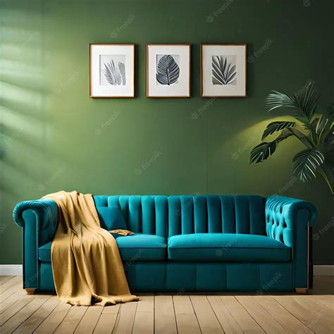 Premium Photo | A green wall with a couch and a blanket on it.