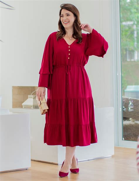 Vestido Midi Viscose Liso Vinho Dona Charme