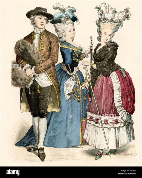 French Clothing And Hair Fashion 1770s Hand Colored Print Stock Photo