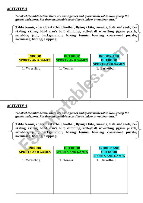 INDOOR And OUTDOOR GAMES AND SPORTS ESL Worksheet By Ihozdemir