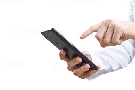 Close Up Image Of Businessman Hand Holding Mobile Phone Isolated