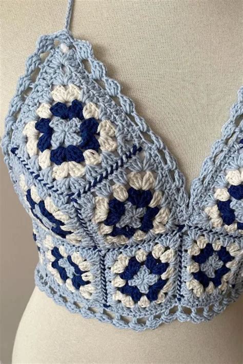 Blue White Crochet Tank Top Knitted Handmade Crop Top Evil Eye Boho