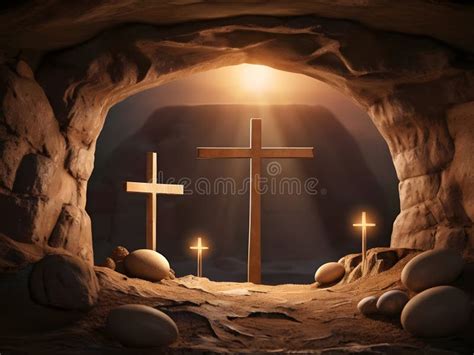 Resurrection Empty Tomb Of Jesus Christ With Shroud And Crucifixion At