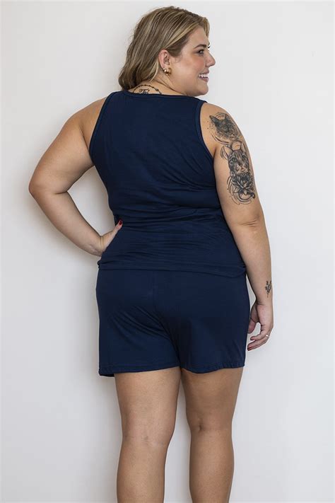 Pijama Verão Feminino Regata Plus Size De Algodão Hello Azul