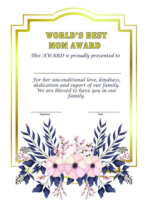 An Award Certificate For A Woman S Best Mom With Flowers And Leaves On It