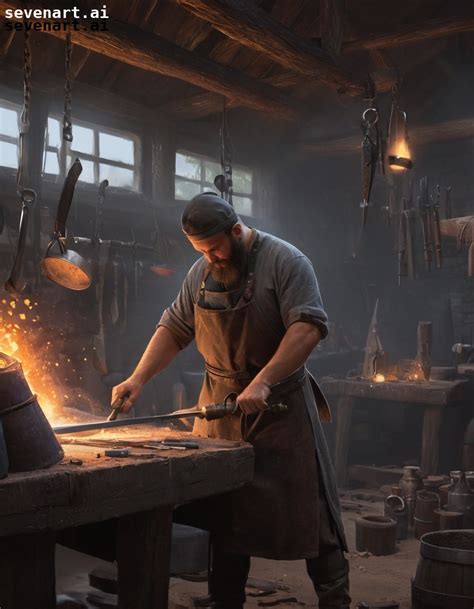 A Village Blacksmith Hard At Work Crafting Weapons And Armor Sevenart