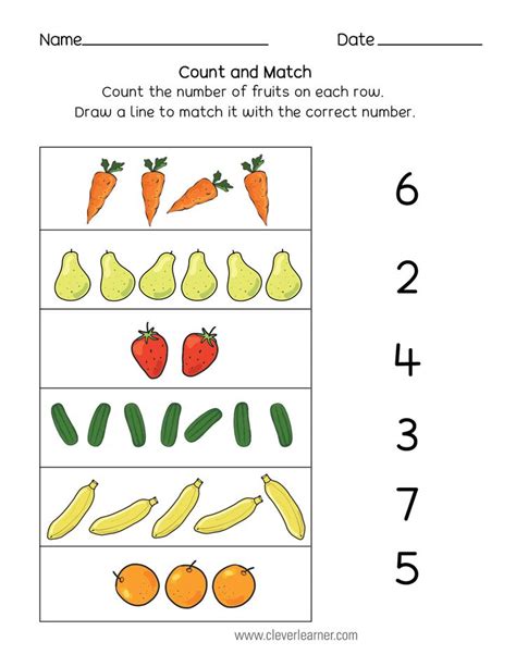 Matching Numbers With Fruits And Vegetables Worksheet