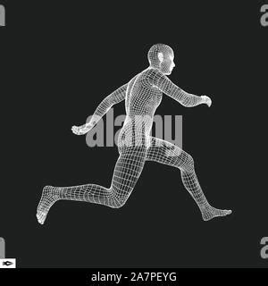 Hombre corriendo de estructura alámbrica Representación 3D vectorial