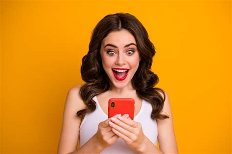 Premium Photo Funky Millennial Lady Open Mouth Hold Telephone