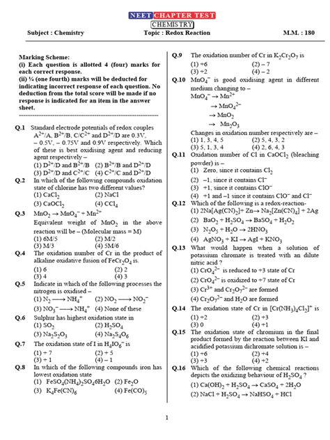 Xi Chemistry Chapter Test 8 Redox Reaction Pdf Redox Chlorine