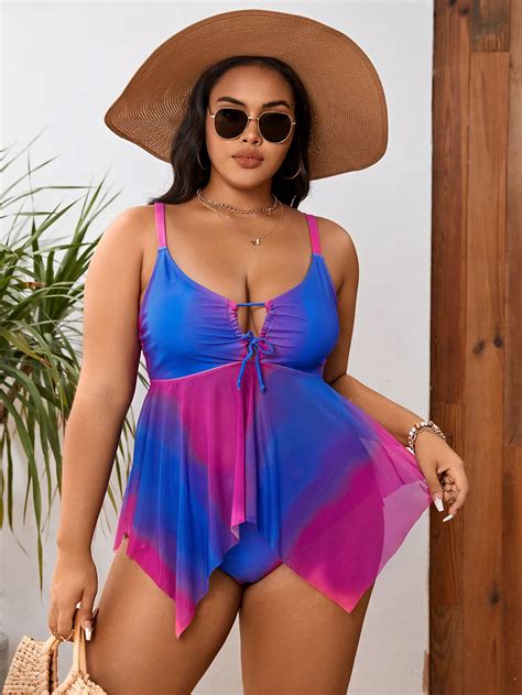 Shein Shein Swim Vcay Plus Ombre Drawstring Front Bikini Swimsuit