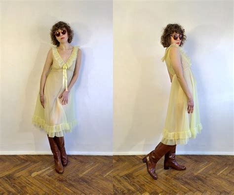 Vintage S Yellow Chiffon Neglige Ruffle Pin Up Negligee Light Yellow