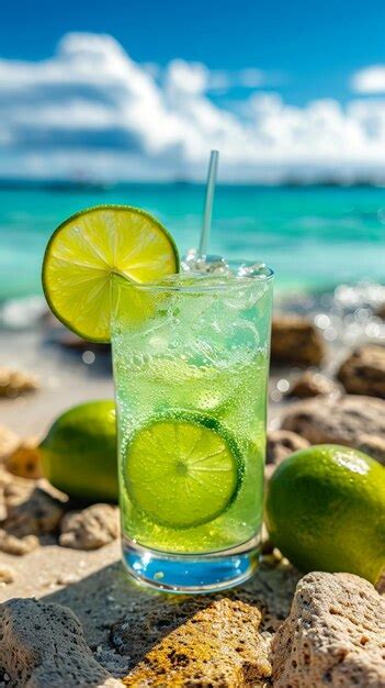 Premium Photo There Is A Glass Of Limeade With A Straw And Lime Slices On The Rocks Generative Ai