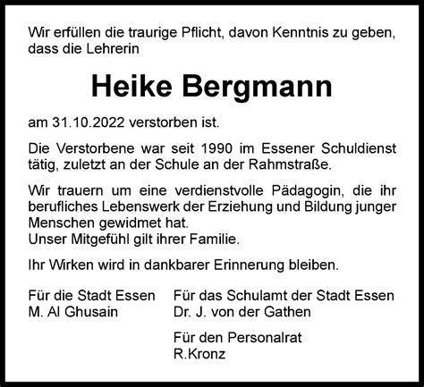 Traueranzeigen Von Heike Bergmann Trauer In NRW De