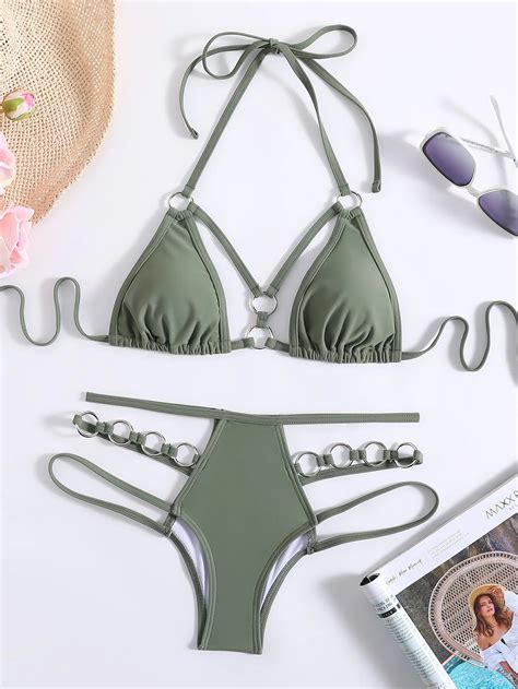 Strappy Green Halter Bikini With Ring Accents On Luulla