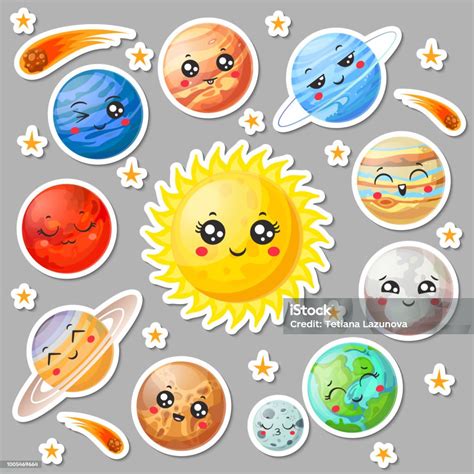 Ilustración De Dibujos Animados Lindo Planetas Pegatinas Cara De Planeta Feliz Sonriendo La