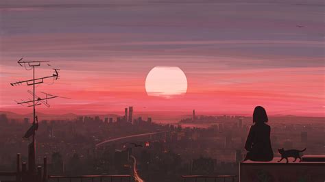 Sunset City Scenery Anime Girl 4K #4940i Wallpaper PC Desktop