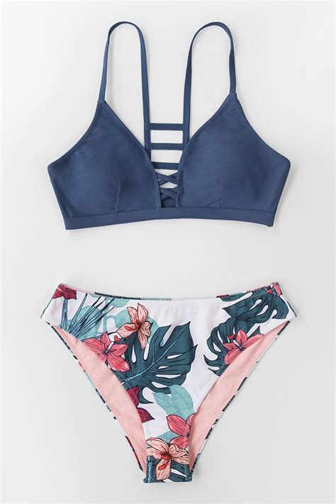 Marine Und Floral Riemchen Bikini Set Cupshe Deutschland