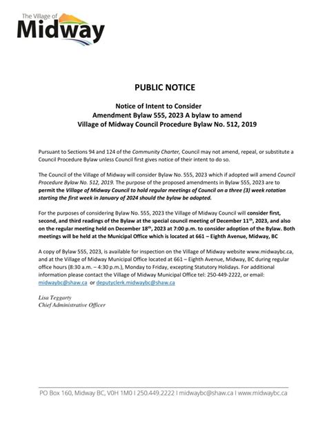 Public Notice Notice Of Intent To Consider Amendment Bylaw 555 2023