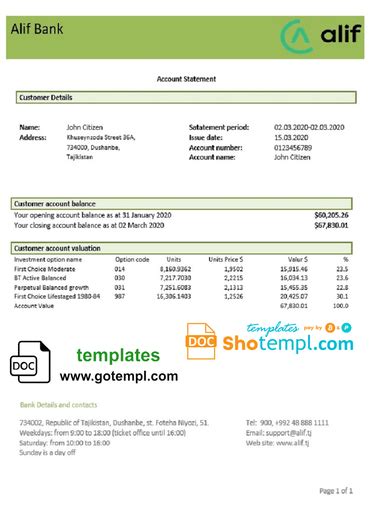 Tajikistan Alif Bank Statement Template Word And PDF Format Doc And