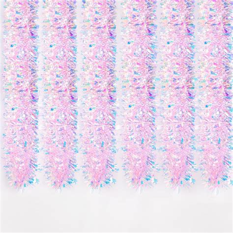 6 Packs Pink Christmas Iridescent Tinsel Garland Metallic Sparkling