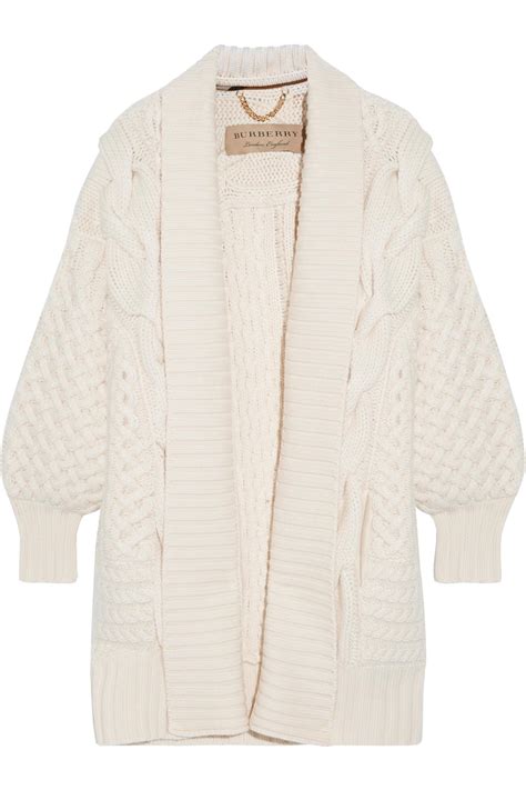 Burberry Cable Knit Wool And Cashmere Blend Cardigan In Ivory White