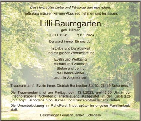 Traueranzeigen Von Lilli Baumgarten Nordwest Trauer De