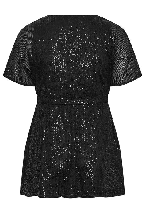 Yours London Plus Size Black Sequin Short Sleeve Wrap Top Yours Clothing