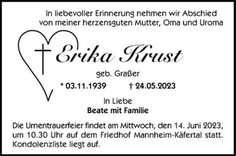 Traueranzeigen Von Erika Krust Trauerportal Ihrer Tageszeitung