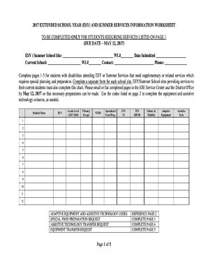 Fillable Online ESY And Summer Services Information Worksheet Fax