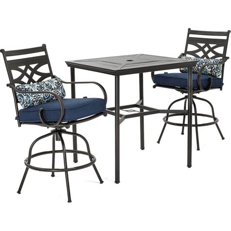 Hanover Montclair 3 Piece Metal Outdoor Bar Height Dining Set With Navy