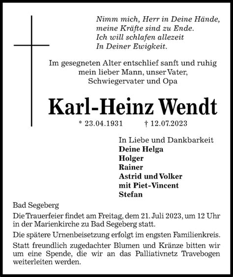 Traueranzeigen Von Karl Heinz Wendt Trauer Anzeigen De