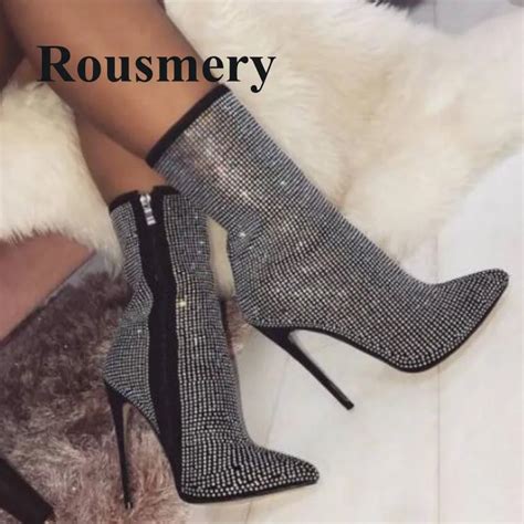 Sexy Fashion Crystal Bling Bling Pointed Toe Thin High Heel Side Zipper