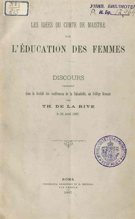 Les Id Es Du Comte De Maistre Sur L Ducation Des Femmes Discours