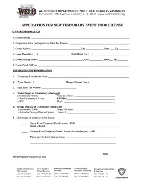 Fillable Online Co Weld Co APPLICATION FOR NEW TEMPORARY EVENT FOOD