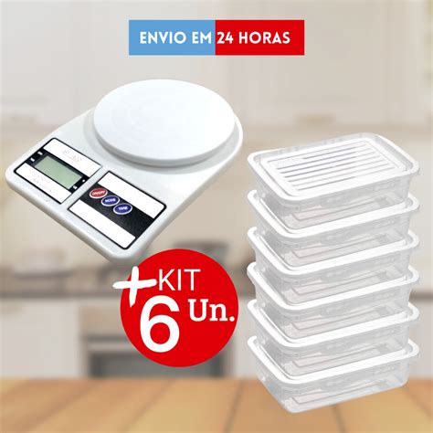 Kit Balança de Cozinha Digital 10 Kg 6 Marmita Fitness 460ml