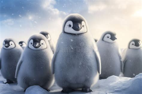 A Group of Young Penguins are Standing in the Snow. Penguin Babies on ...