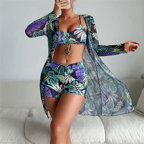 Levmjia Women Bikini Set Swimsuit Cover Ups Printed Straps Deep V Sexy