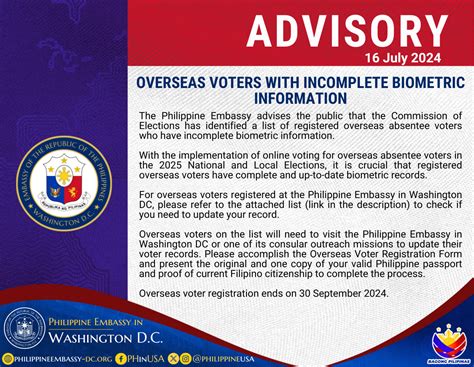 Filipino Overseas Voters Urged To Complete Biometric Information