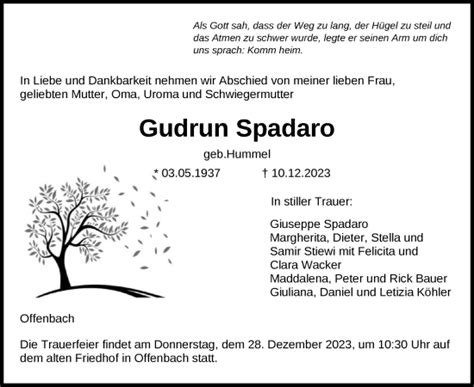 Traueranzeigen Von Gudrun Spadaro Trauer Op Online De