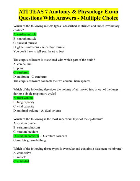 Solution Ati Teas Anatomy Physiology Exam Questions With Answers