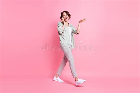 Full Length Photo Of Funky Bob Hairdo Millennial Lady Go Talk Telephone