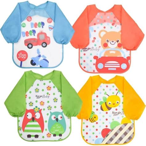 4Pcs Bavoirs Bébé Bavoir Etanche à Manchs Longue Tablier d