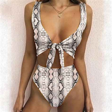 Sexy Snake Skin Bikini Female Knot Push Up Swimwear 2019 High Waist