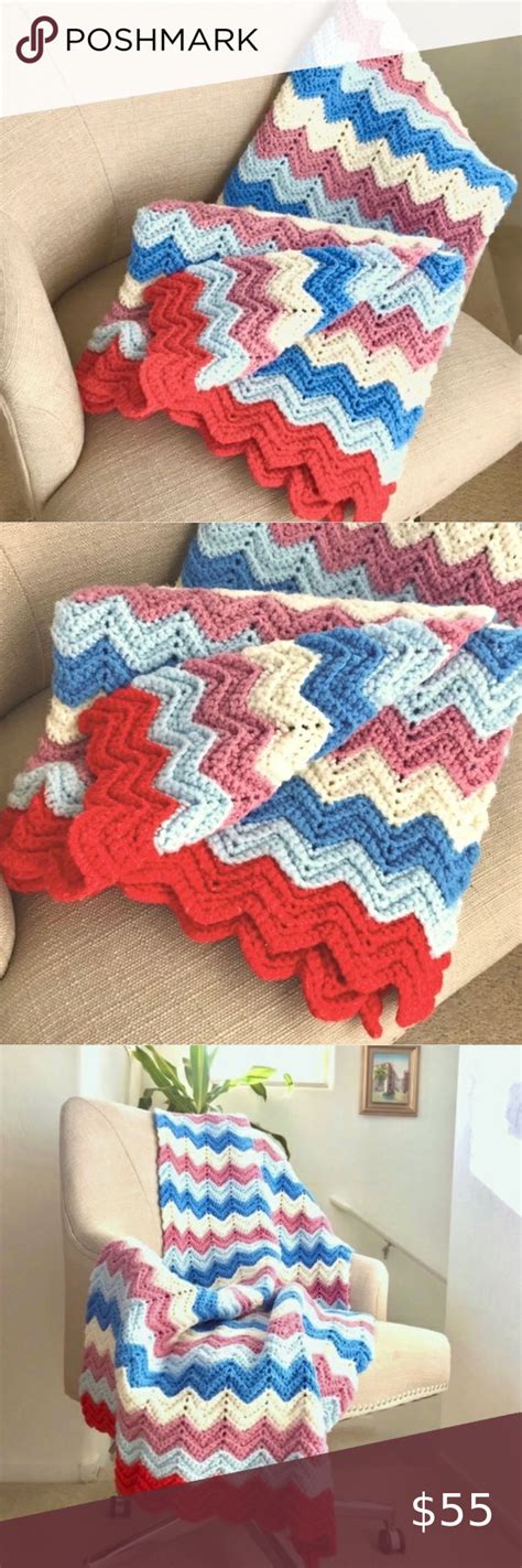 Vintage Crochet Afghan Chevron Throw Blanket Red White Blue Mauve Red