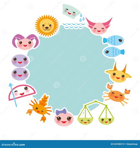 Funny Kawaii Zodiac Sign Light Blue Round Frame Stock Vector