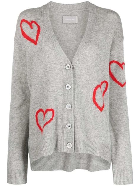 Zadig Voltaire Heart Jacquard Cashmere Cardigan Grey Editorialist