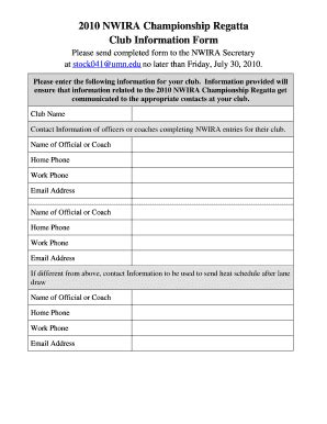 Fillable Online 2010 NWIRA Championship Regatta Club Information Form